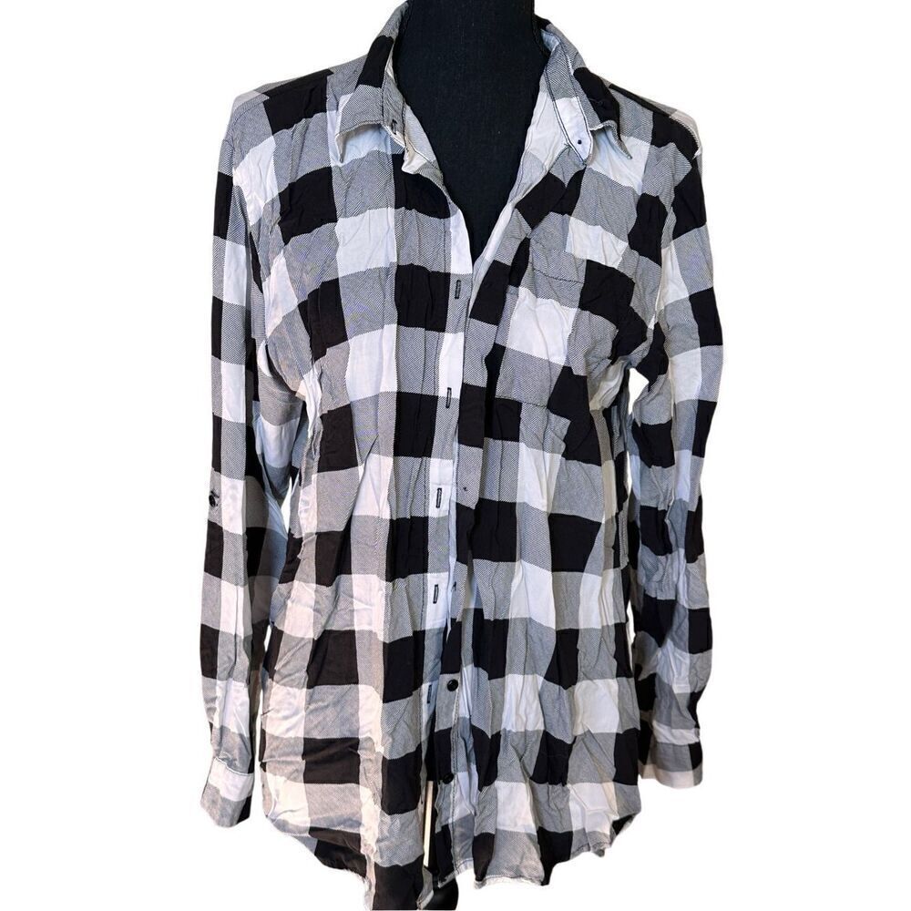 Passport Black & White Plaid  Long Sleeve Knit Shirt Sz XL
